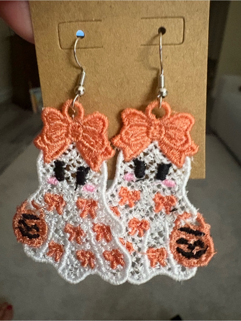 Cute Orange & White Lace Ghost Cat Earrings - Unbranded